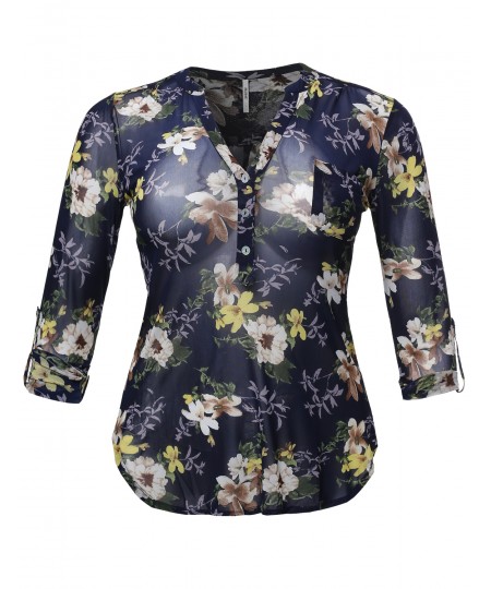 Women's Half Button Down Floral Print Blouse With 3/4 Sleeves