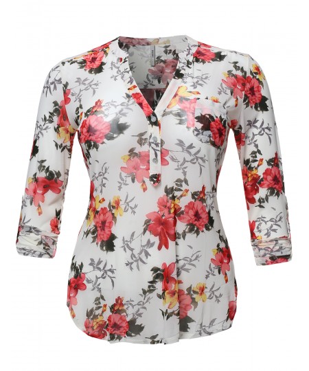 Women's Half Button Down Floral Print Blouse With 3/4 Sleeves