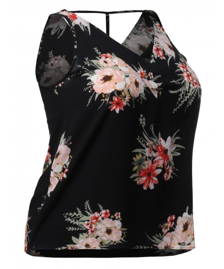 Women's Floral Print Sleeveless V-neckline Woven Chiffon Blouse Top