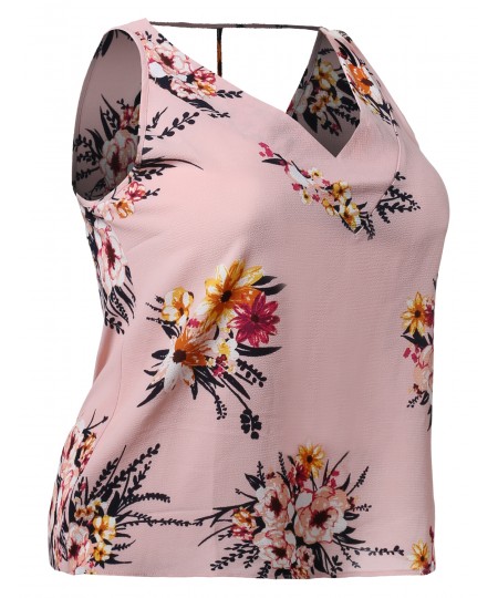 Women's Floral Print Sleeveless V-neckline Woven Chiffon Blouse Top