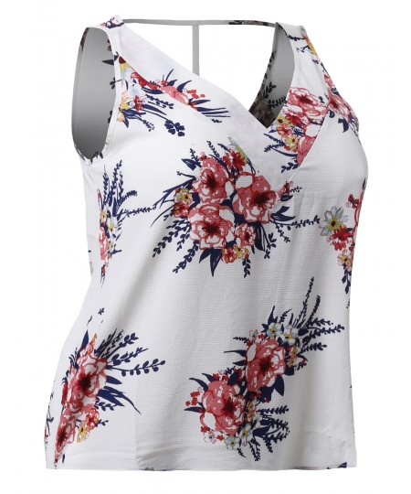 Women's Floral Print Sleeveless V-neckline Woven Chiffon Blouse Top