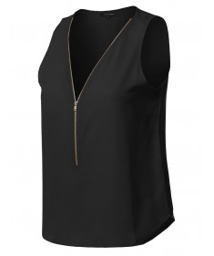 Women's Solid Sleeveless Chiffon Zipper Blouse Top (S-3XL)