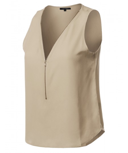 Women's Solid Sleeveless Chiffon Zipper Blouse Top (S-3XL)