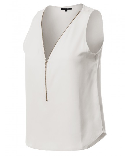 Women's Solid Sleeveless Chiffon Zipper Blouse Top (S-3XL)