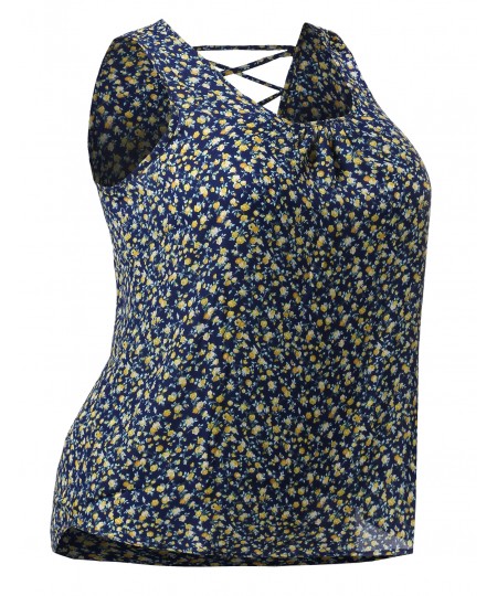 Women's Floral Print Sleeveless Woven Chiffon Blouse Top