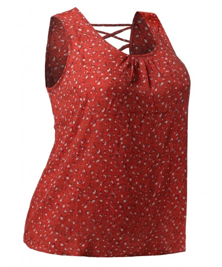 Women's Floral Print Sleeveless Woven Chiffon Blouse Top