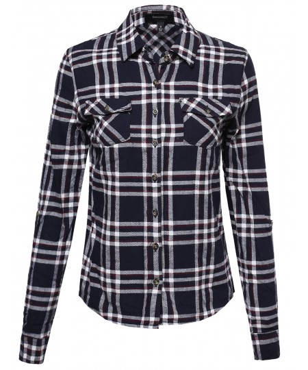 Women's Flannel Plaid Checker Roll Up Sleeves Button Down Shirt