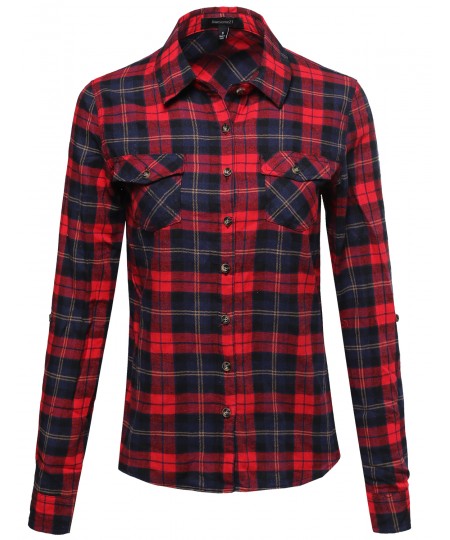 Women's Flannel Plaid Checker Roll Up Sleeves Button Down Shirt