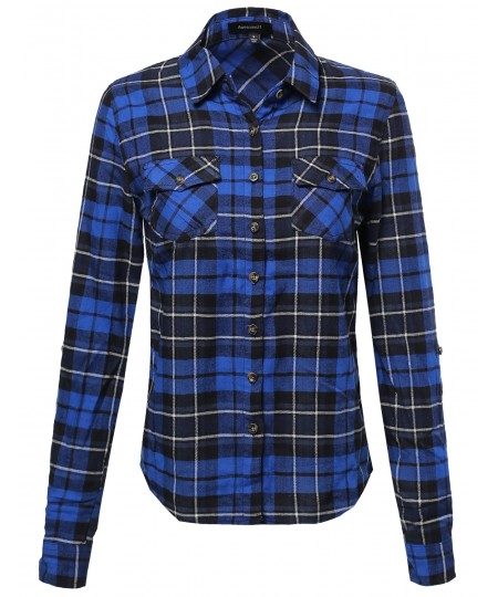 Women's Flannel Plaid Checker Roll Up Sleeves Button Down Shirt