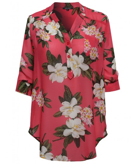 Women's Floral Henley Blouse Dress Shirt