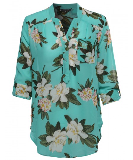 Women's Floral Henley Blouse Dress Shirt