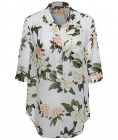 Women's Floral Henley Blouse Dress Shirt
