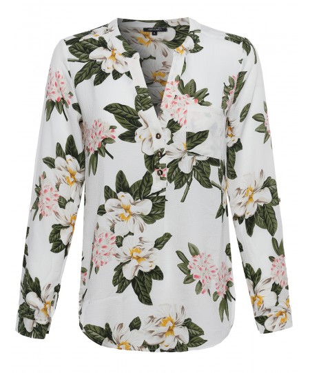 Women's Floral Henley Blouse Dress Shirt w/ Gold Buttons