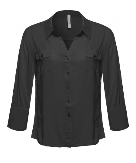 Women's Basic Button Down Blouse w/ Ribbed Sides