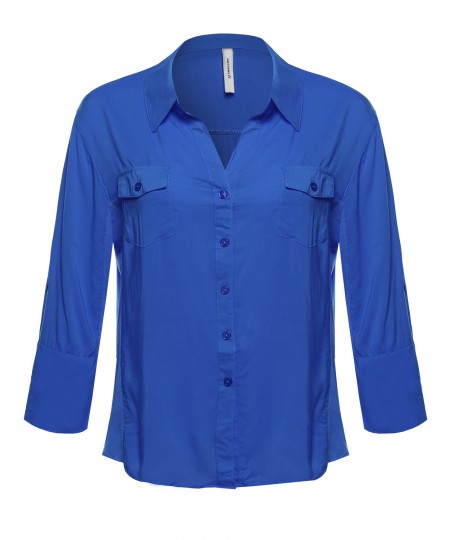 Women's Basic Button Down Blouse w/ Ribbed Sides