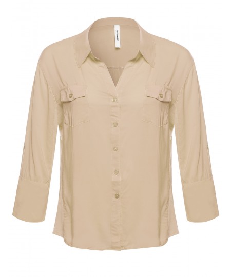 Women's Basic Button Down Blouse w/ Ribbed Sides