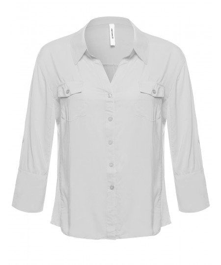 Women's Basic Button Down Blouse w/ Ribbed Sides