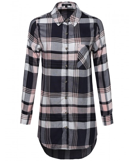 Women's Oversized Plaid Long Sleeve Button Up Tunic Top