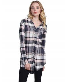 Women's Oversized Plaid Long Sleeve Button Up Tunic Top