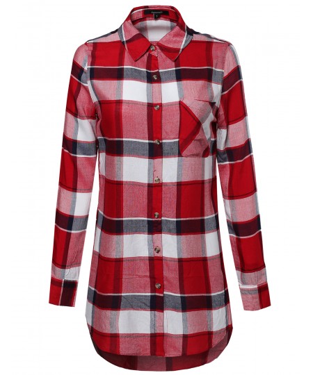 Women's Oversized Plaid Long Sleeve Button Up Tunic Top