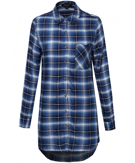 Women's Oversized Plaid Long Sleeve Button Up Tunic Top