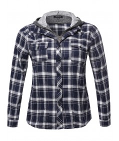 Women's Long Sleeve Undetachable Two Tone Terry Mixed Hoodie Plaid Shirt