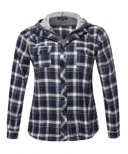 Women's Long Sleeve Undetachable Two Tone Terry Mixed Hoodie Plaid Shirt