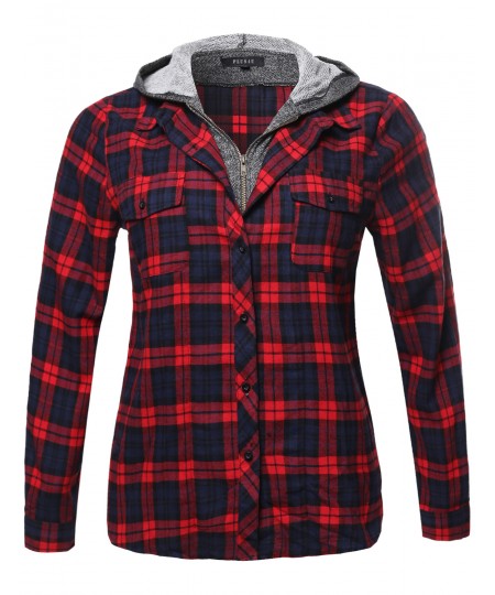 Women's Long Sleeve Undetachable Two Tone Terry Mixed Hoodie Plaid Shirt