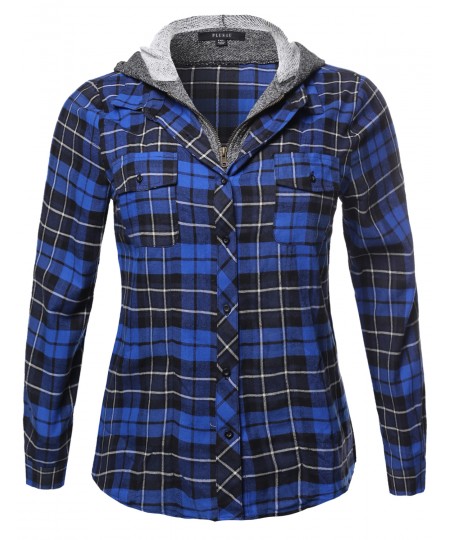 Women's Long Sleeve Undetachable Two Tone Terry Mixed Hoodie Plaid Shirt