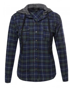 Women's Long Sleeve Detachable Two Tone Terry Hoodie Plaid Shirt