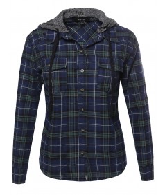 Women's Long Sleeve Detachable Two Tone Terry Hoodie Plaid Shirt