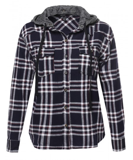 Women's Long Sleeve Detachable Two Tone Terry Hoodie Plaid Shirt