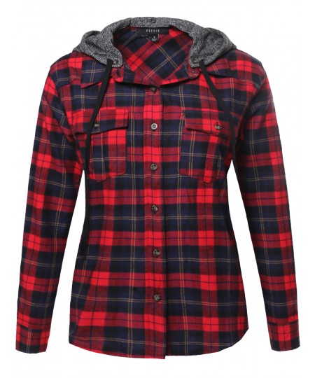 Women's Long Sleeve Detachable Two Tone Terry Hoodie Plaid Shirt