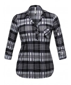 Women's Half Button Down Plaid Shirt With 3/4 Sleeves