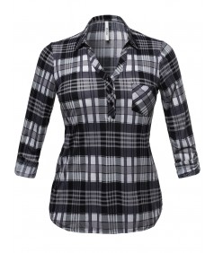 Women's Half Button Down Plaid Shirt With 3/4 Sleeves