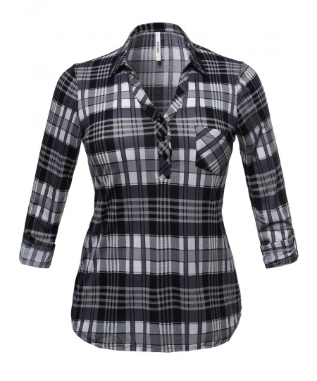 Women's Half Button Down Plaid Shirt With 3/4 Sleeves