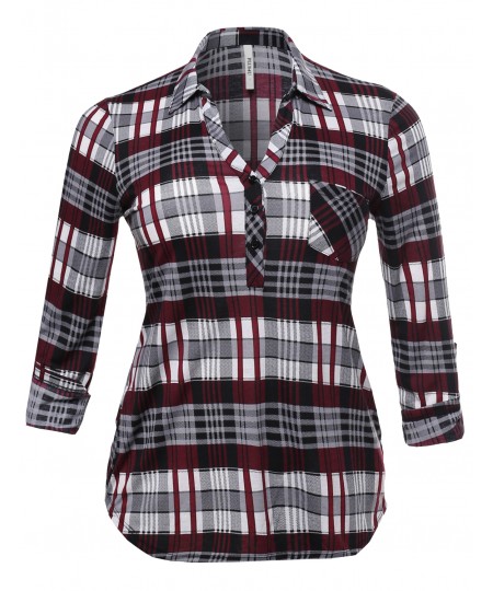 Women's Half Button Down Plaid Shirt With 3/4 Sleeves