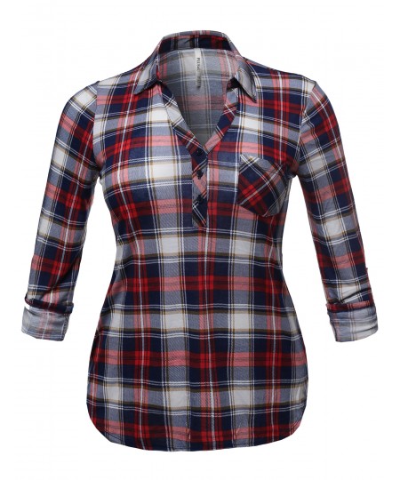 Women's Half Button Down Plaid Shirt With 3/4 Sleeves