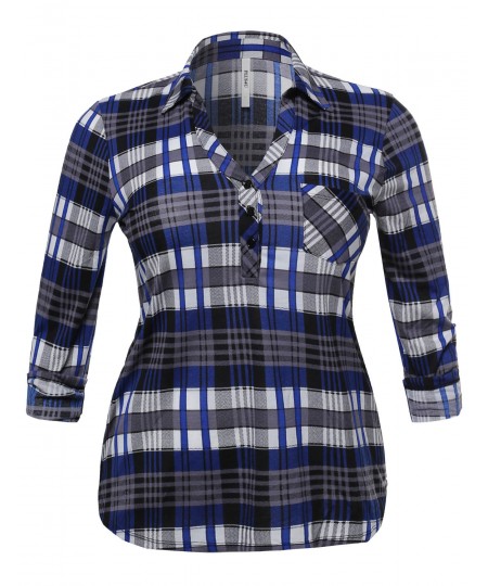 Women's Half Button Down Plaid Shirt With 3/4 Sleeves