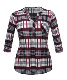 Women's Half Button Down Plaid Shirt Roll Up Sleeves Mandarin Collar