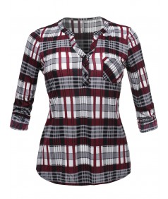 Women's Half Button Down Plaid Shirt Roll Up Sleeves Mandarin Collar