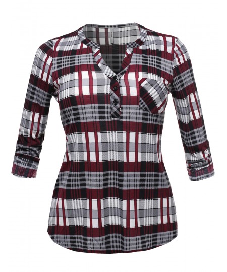 Women's Half Button Down Plaid Shirt Roll Up Sleeves Mandarin Collar