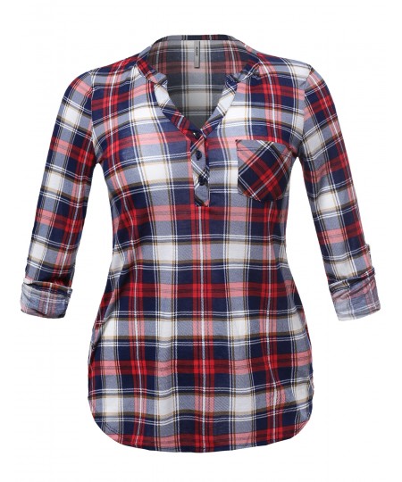 Women's Half Button Down Plaid Shirt Roll Up Sleeves Mandarin Collar