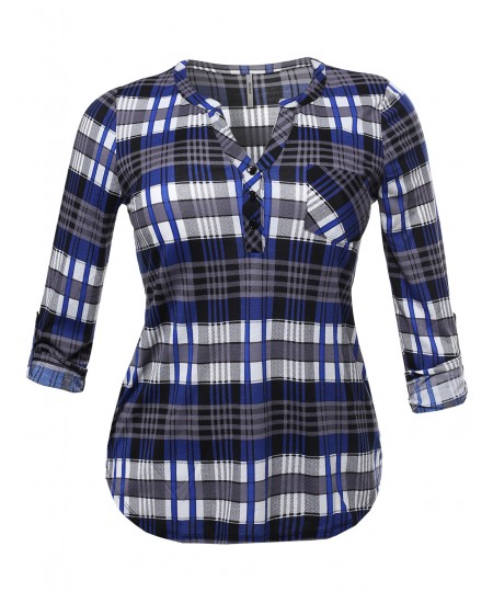 Women's Half Button Down Plaid Shirt Roll Up Sleeves Mandarin Collar