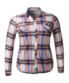 Women's Lightweight Plaid Checker Button Down Shirt Roll Up Sleeves