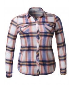 Women's Lightweight Plaid Checker Button Down Shirt Roll Up Sleeves