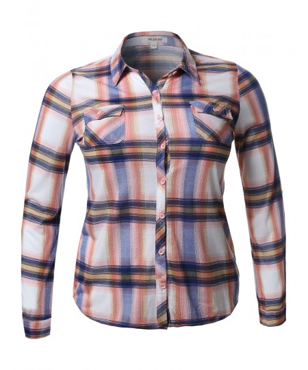 Women's Lightweight Plaid Checker Button Down Shirt Roll Up Sleeves