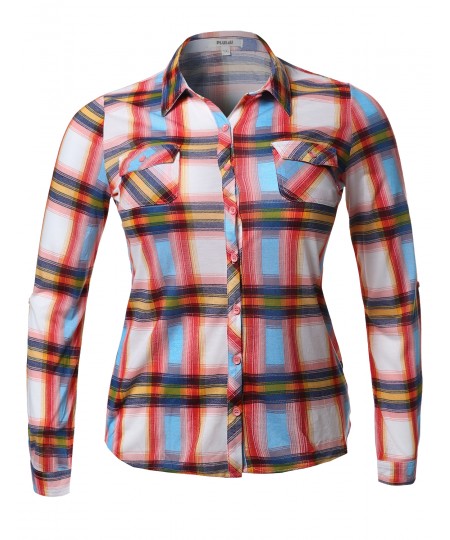 Women's Lightweight Plaid Checker Button Down Shirt Roll Up Sleeves