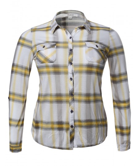 Women's Lightweight Plaid Checker Button Down Shirt Roll Up Sleeves