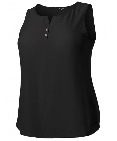 Women's Solid Henley Neck Chiffon Blouse Tank Top